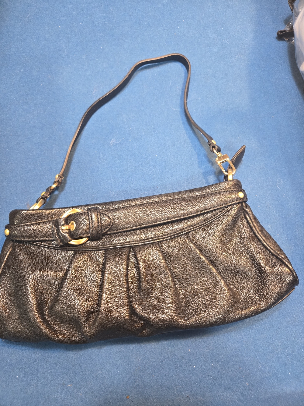 Cole Haan Black Leather Pleated Shoulder Clutch with Gold Buckle
